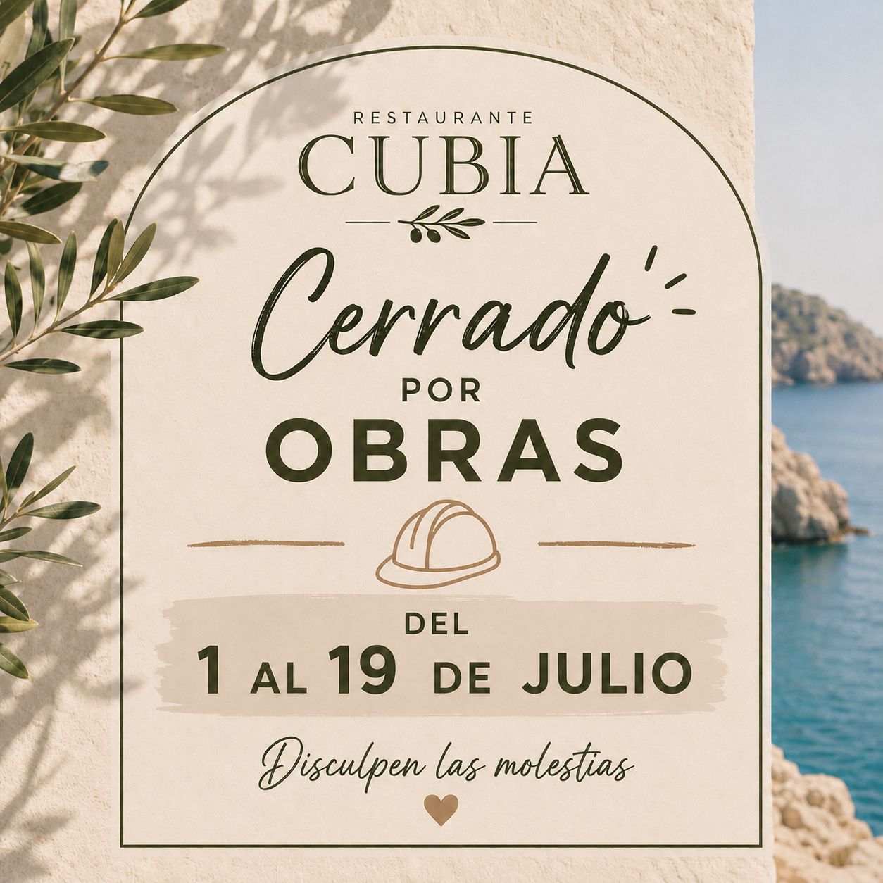 Restaurante Cubia cerrado por obras del 1 al 19 de julio